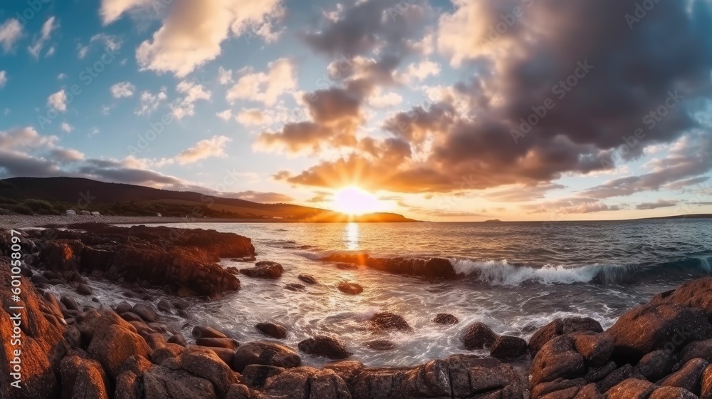Fototapeta premium Beautiful sunrise on rocky shore and dramatic sky clouds