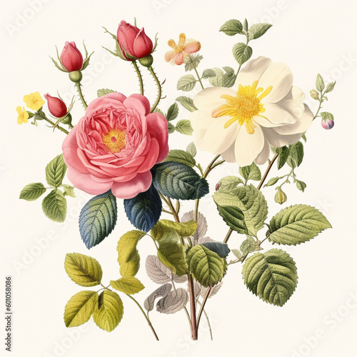 A drawing of a bouquet of flowers with a yellow rose, botanical style illustration Generative AI photo