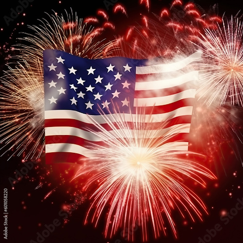 Ai generated illustration Patriotic spirit of the United States, with an American flag unfurled against a backdrop of colorful fireworks celebrating Independence Day