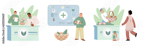 Herbal oils natural medicines. Scientist or doctor making alternative medicine herb, mortar, laboratory glassware plant in tube, flower. Doctor checking medicinal herbs. Herbal medicine. Drug research