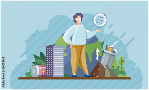 Environmental pollution with garbage and waste big problem due to human activities and unreasonable consumption. Waste pile and container disposed on street exterior with skyscrapers, littered city