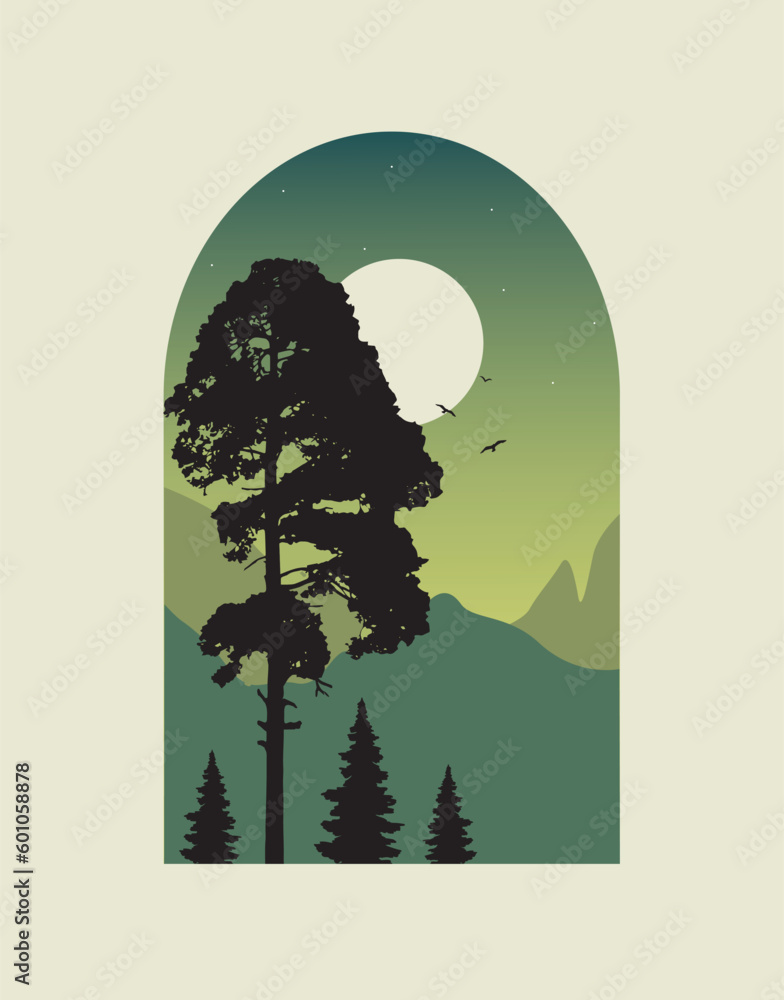Illustration of Fir Trees silhouettes and mountains