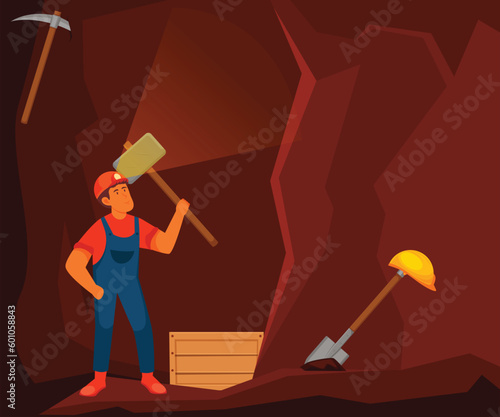 A cartoon illustration of a man with a hammer in a cave