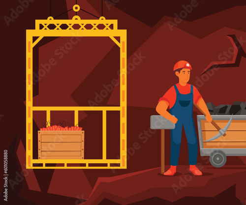 A cartoon of a man working on a mining site with a bucket and a bucket with the word copper on it