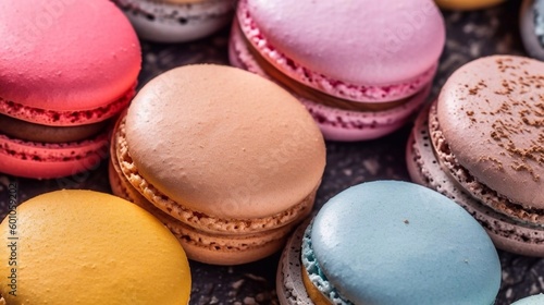 Colorful French macaroon cookies background. Selective focus. AI generated