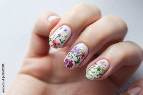 Floral art design on woman hands with summer flowers on every nail. Generative AI