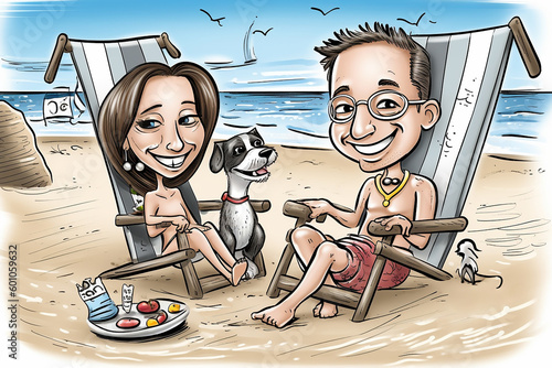Couple with a dog relaxing on a beach, caricature style drawing. Generative AI
