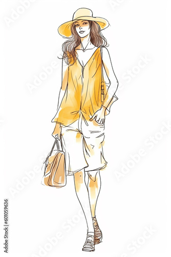 Young woman wearing summer clothing, sketch drawing. Generative AI