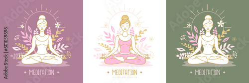 Woman meditation in lotus position with floral elements. Vector illustration