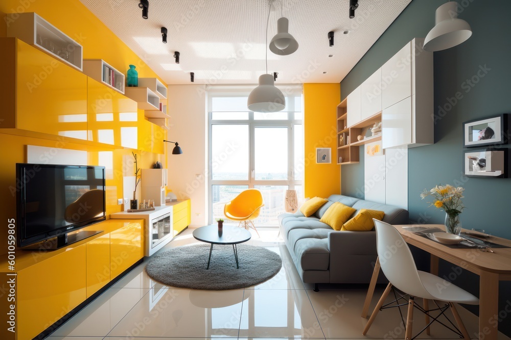 contemporary living room interior design, featuring yellow and blue colors for fresh and modern look contemporary living room interior design, featuring yellow and blue colors for fresh and modern look