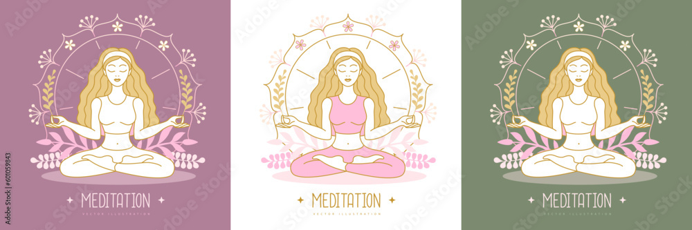 Woman meditation in lotus position with floral elements and mandala. Vector illustration Woman meditation in lotus position with floral elements and mandala. Vector illustration