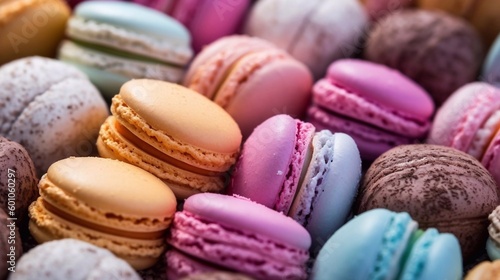 Colorful French macaroon cookies background. Selective focus. AI generated