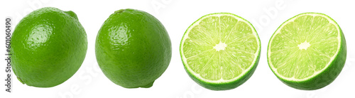 Natural fresh lime, slice and half isolated, transparent png, PNG format, cut-out.