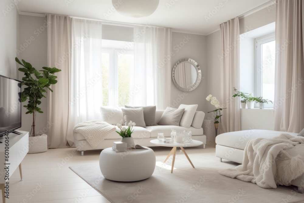 Fototapeta premium An interior design concept for cozy home in Scandinavian style, light colors and wood decor