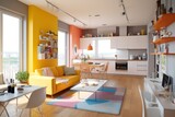 contemporary living room interior design, yellow color scheme vibrant aesthetic