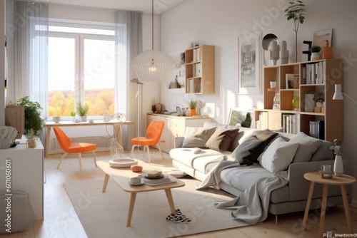A cozy home interior design in Scandinavian style, light colors and wood decor elements © olga_demina