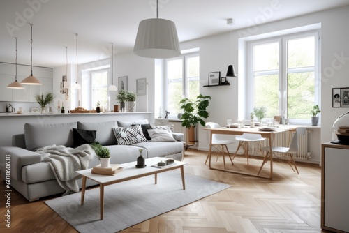 Scandinavian-style living room on cozy home decor elements, light colors and natural wood accents. © olga_demina