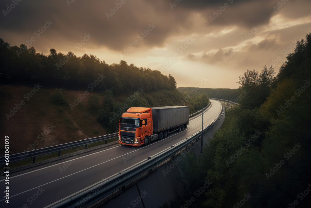 A semi truck roars down the highway at sunset, delivering goods and materials to businesses and consumers. A crucial part of the economy. Generative AI.