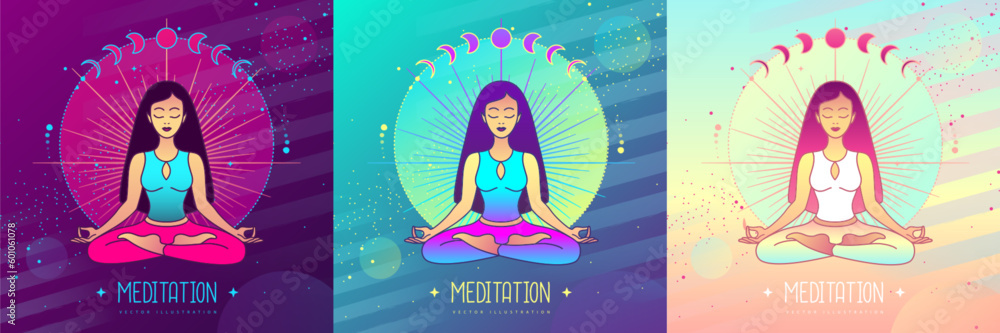 Set of colorful young woman meditation in lotus position in the rays of the rising sun. Sun and moon astrology sign. Vector illustration Set of colorful young woman meditation in lotus position in the rays of the rising sun. Sun and moon astrology sign. Vector illustration