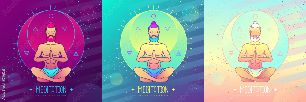 Set of colorful men meditation in lotus position in the rays of the rising sun. Sun and moon astrology sign. Vector illustration