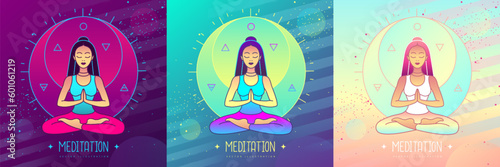 Set of colorful young woman meditation in lotus position in the rays of the rising sun. Sun and moon astrology sign. Vector illustration