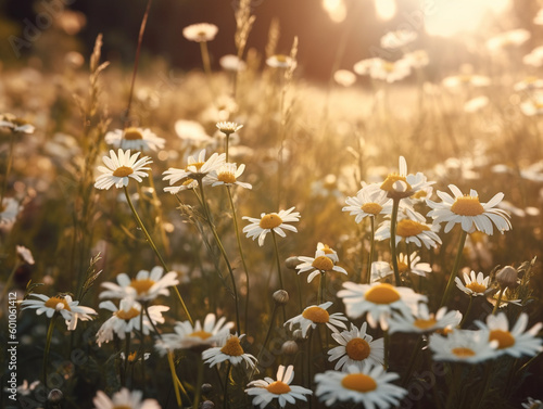Blossom field of daisy in sunrise. Sunny bloom floral meadow with sunlight on blur background. Generative AI