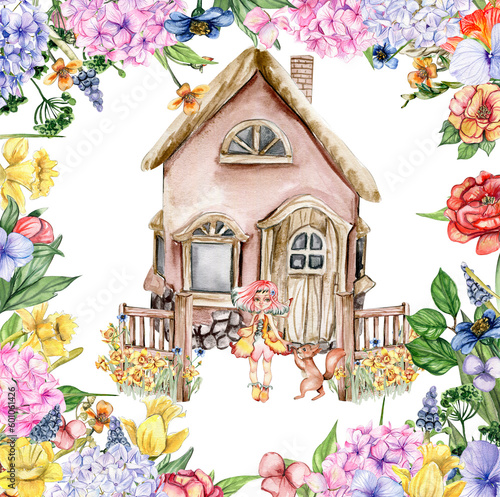 Watercolor farm composition with flowers. House in cartoon style. Hand drawn illustration of summer.Perfect for scrapbooking, kids design, wedding invitation,posters, greetings cards,party decoration. © Leila