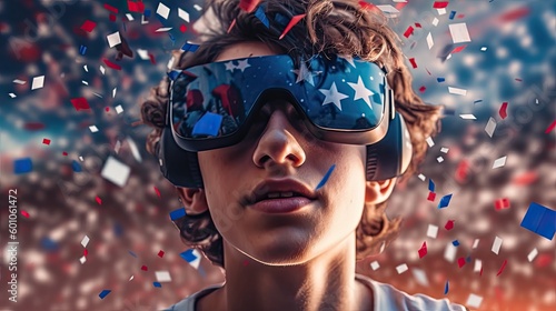 Teen boy wearing an augmented reality headset showing confetti celebrating 4th of July, American flag background,generative ai.