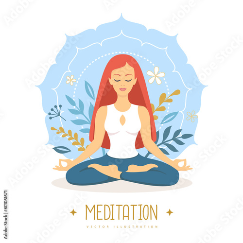 Woman meditation in lotus position with floral elements and mandala. Vector illustration