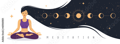Woman meditation with Solar System inside long hair. Magic witchcraft astrology background. Vector illustration