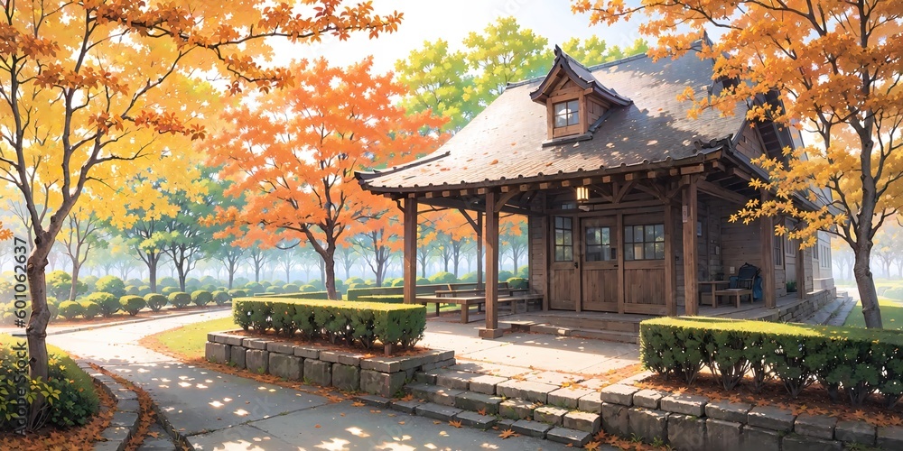 Obraz premium anime style autumn japanese temple chinese temple ancient landscape fall maple culture, generative ai, generative, ai