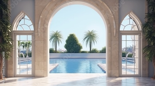 Luxury outdoor pool entrance arch