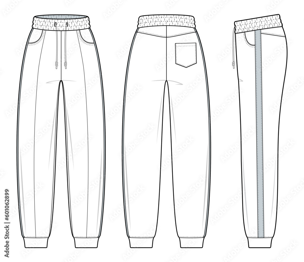 Unisex Jogger Pants fashion flat technical drawing template. Sweat Pants technical fashion Illustration. front, side, and back view. isolated in white background. CAD mockup set. Unisex Jogger Pants fashion flat technical drawing template. Sweat Pants technical fashion Illustration. front, side, and back view. isolated in white background. CAD mockup set.