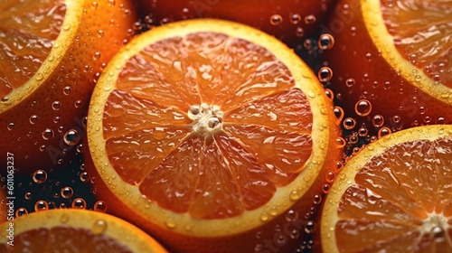 Orange slices close-up water background. Macro surface texture Juicy slices of orange. AI generated