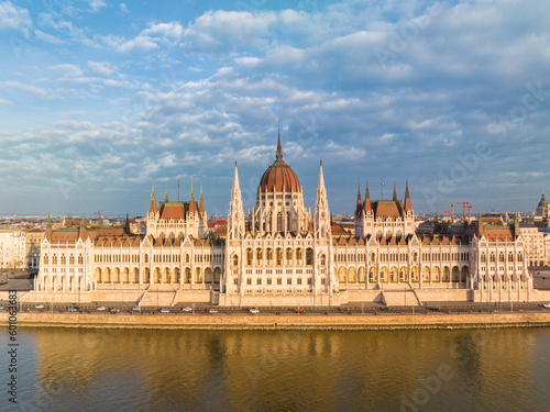 View of Budapest Iconic Hungarian Parliament Building and Danube River from a Drone Point of View in Cityscape
