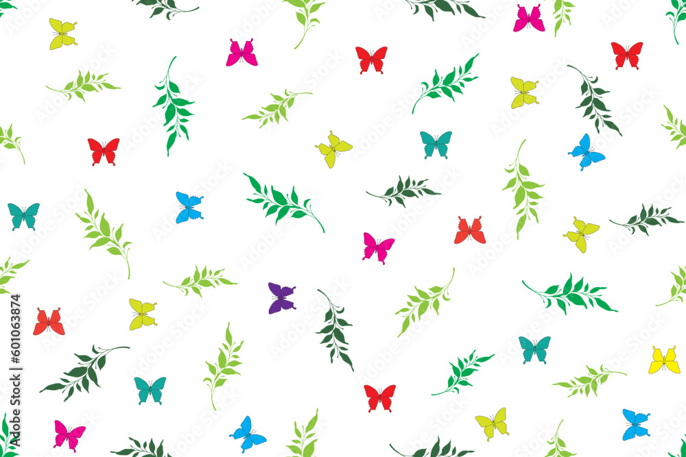 Illustration, Multi color Buttery with leaves on white background.