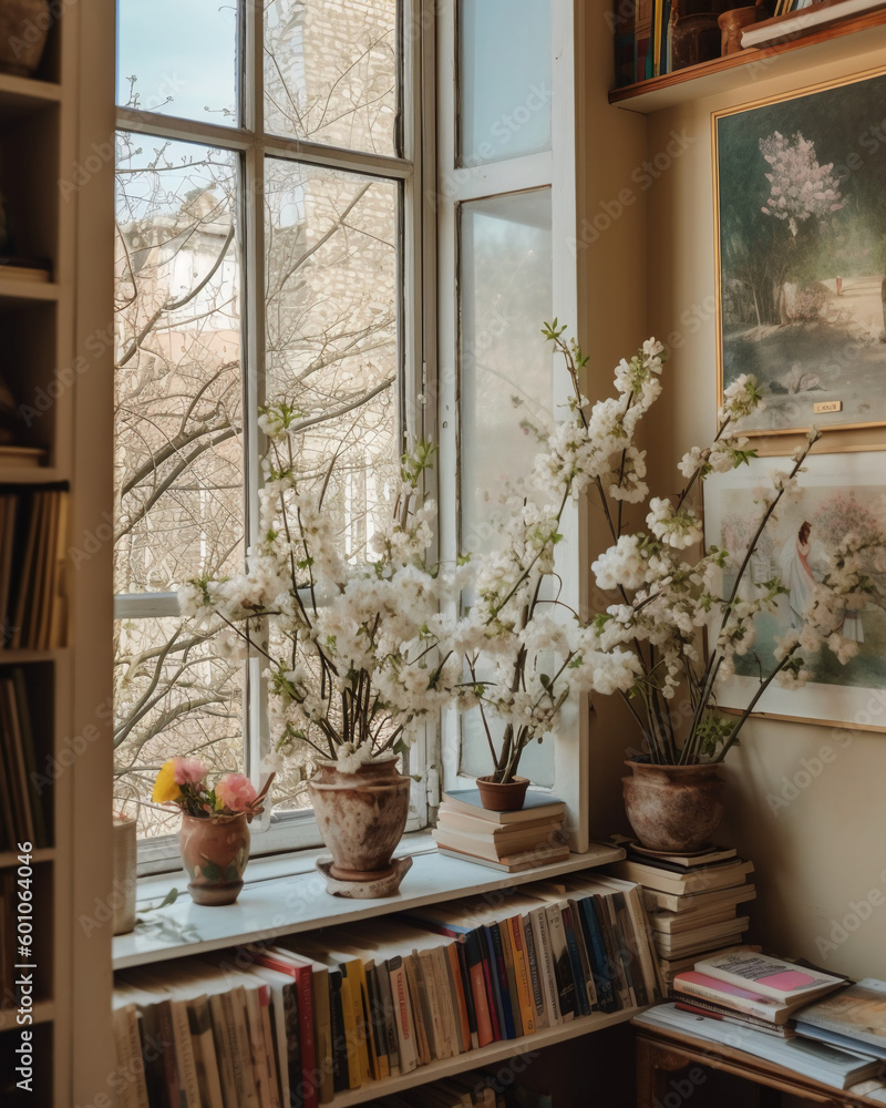 A photo of photobooks next to a big window. AI generative A photo of photobooks next to a big window. AI generative