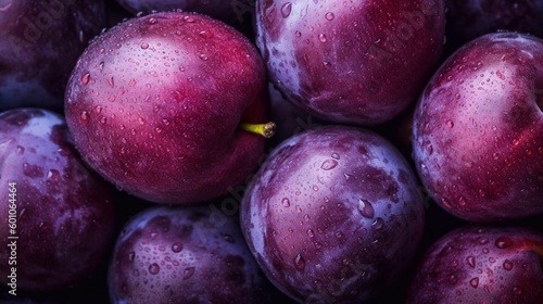 Fresh ripe plums as background. AI generated