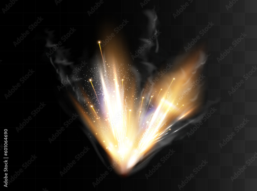 Gun flashes with smoke and fire sparkles. Pistol shots clouds, muzzle ...
