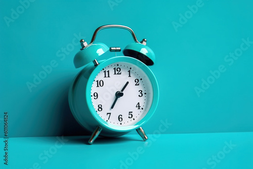 blue alarm clock on a blue background with copy space. Created with Generative AI Technology