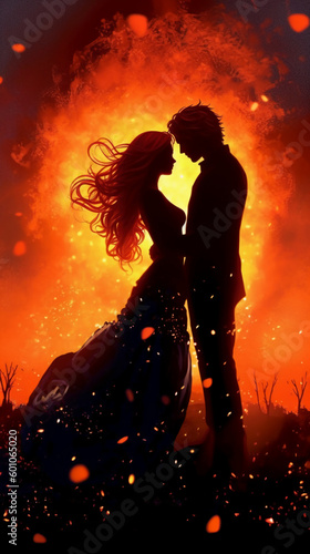 silhouettes male is holding a beautiful red hair woman. AI generative