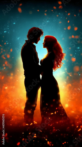 silhouettes male is holding a beautiful red hair woman. AI generative