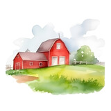 Red farm house barn. Watercolor illustration landscape white isolated background