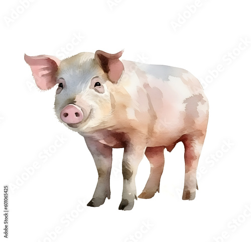 Watercolor cute pig isolated on white background. Hand drawn pig illustration.