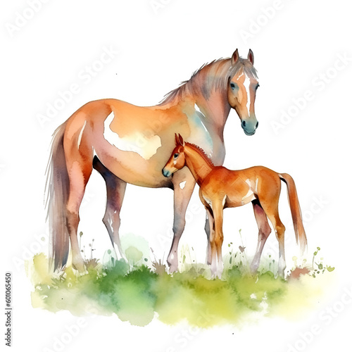 Brown horse and foal in a pasture  watercolor painting on textured paper. Digital watercolor painting