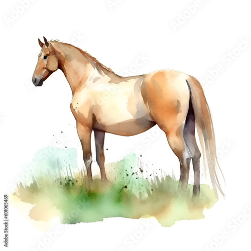 Watercolor brown horse in green grass on a white background. Horse illustration. White background, isolated object.