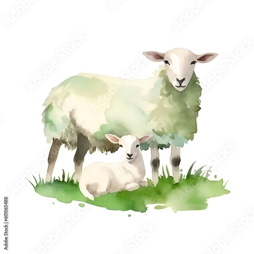 cute little lamb and sheep on white background watercolor illustration