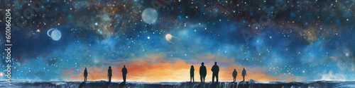 Starry Night Sky Gathering - People Outdoors Enjoying a Celestial View  Digital Art Style Horizontal Banner Background. AI Generative