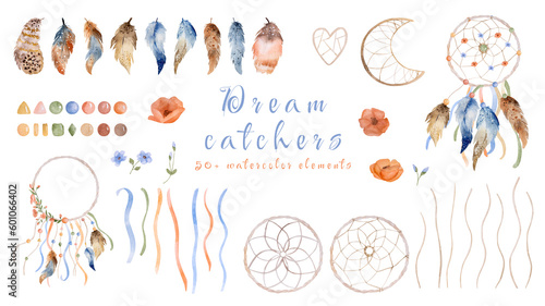 Cuadro en lienzo Tribal feather boho dreamcatcher watercolor ornament collection with text