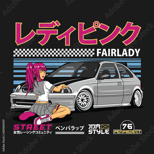 Fotografiet car design illustration, street racing car with anime female student character